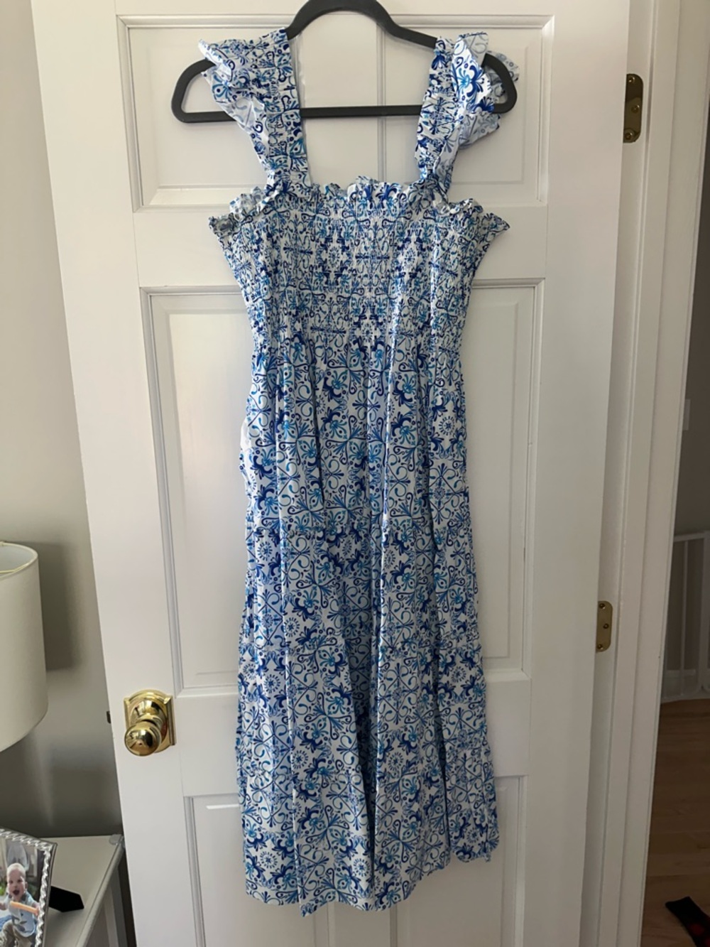 Hill House Blue and White Tile-Print Ruffle-Strap Midi Dress